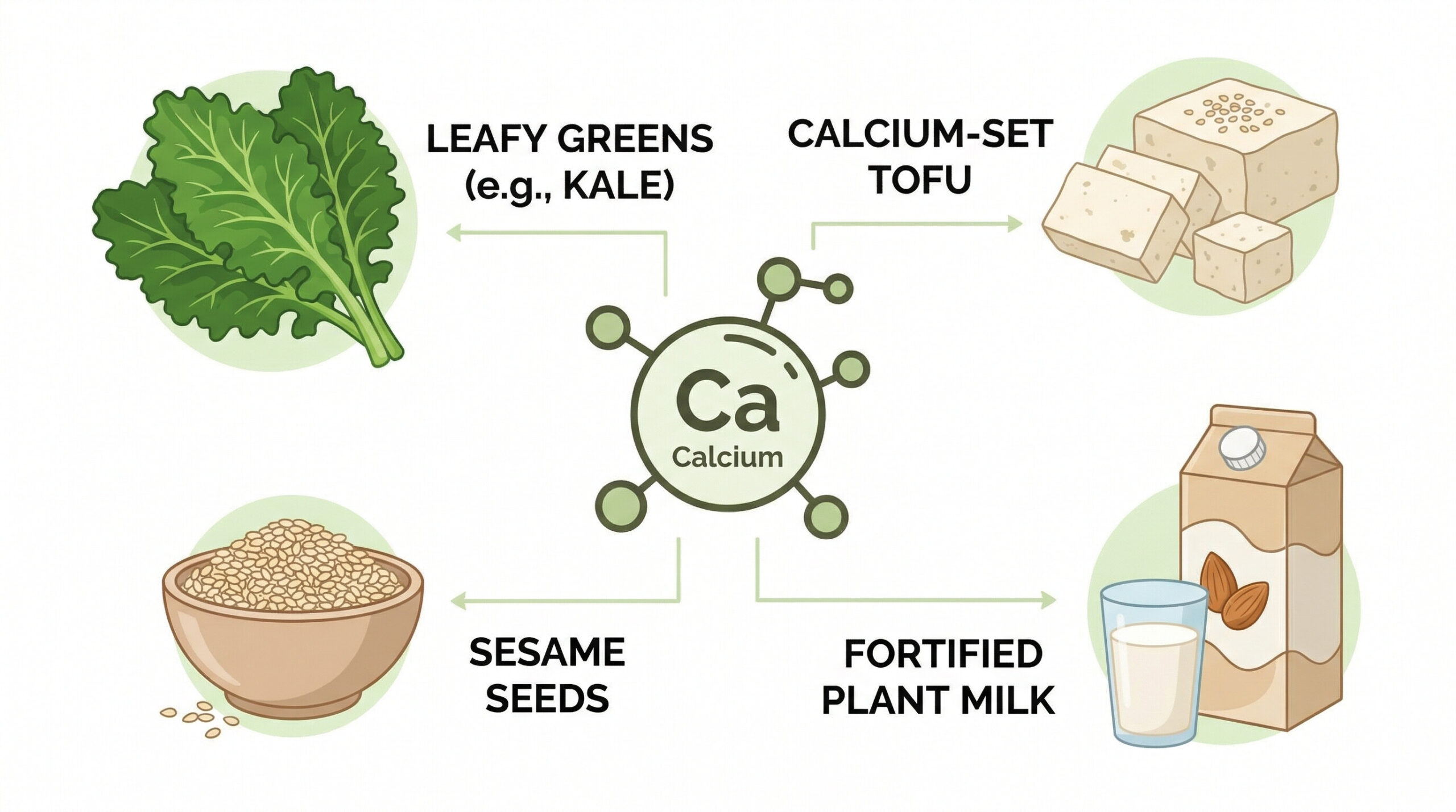 plant-based calcium foods including leafy greens tofu sesame seeds and fortified plant milk