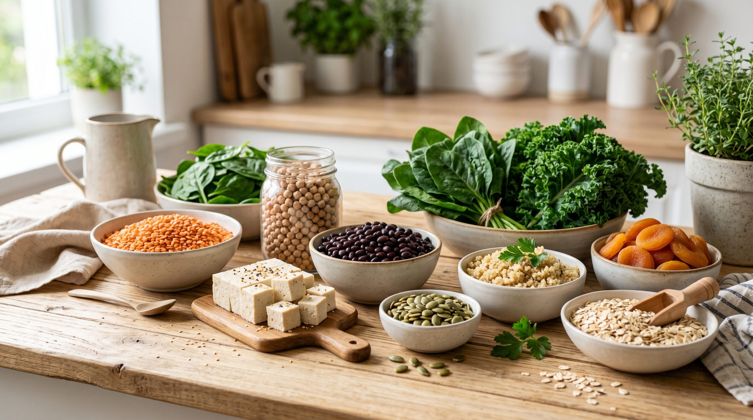iron rich plant foods including lentils beans tofu seeds and leafy greens
